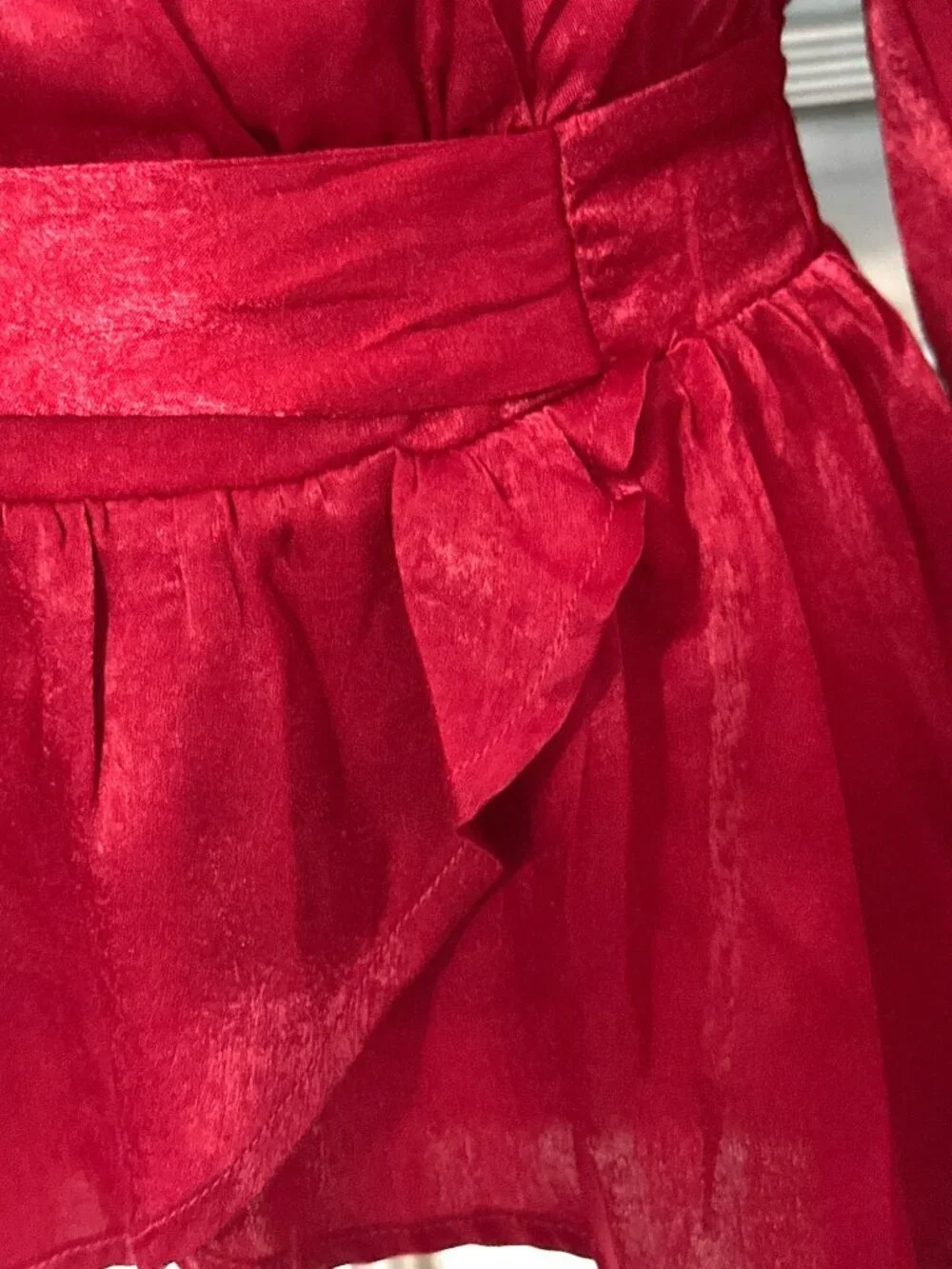 A Calin Size Sm Red Satin Wrap Blouse Peplum Balloon Sleeve Holiday Glamcore Top - Picture 8 of 10